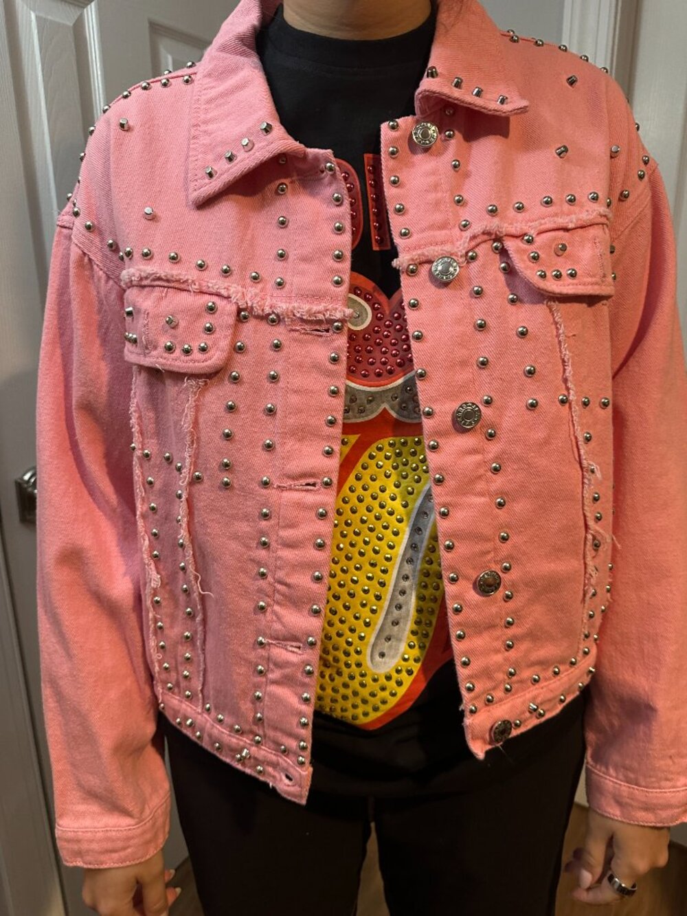 Pink Studded Denim Jean Jacket with P!NK image on back - Picture 3 of 3